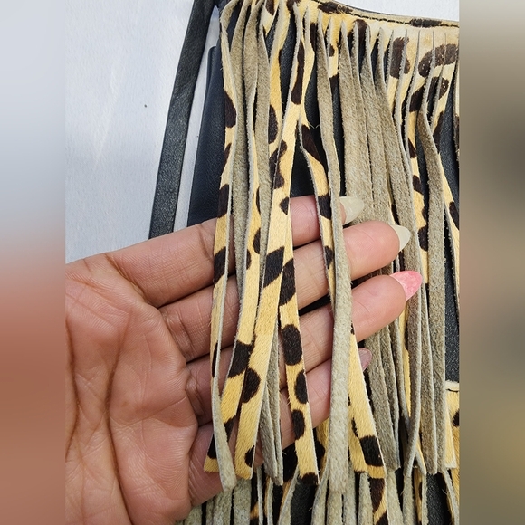 Urban Orginal Women's Brown/Black Leather Fringe  Animal Print Crossbody Bag - Picture 4 of 16